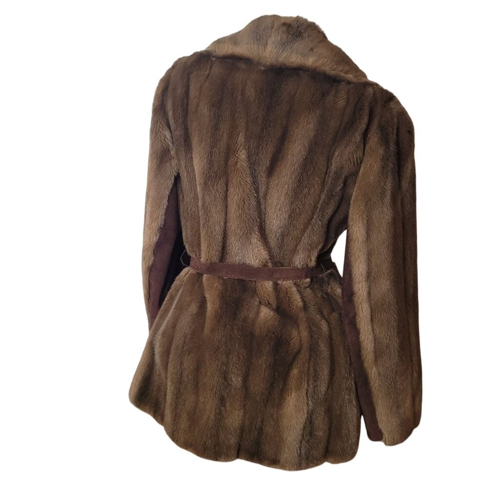 Luxurious Faux Fur & Leather Belted Coat Jacket Made In England - Picture 11 of 16